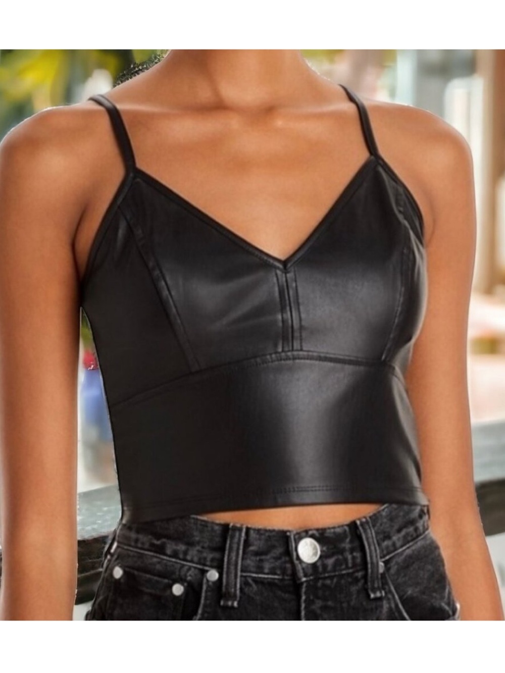 LOLA GRACE (S) Black Faux Leather Pleather Cropped Tank Top Camisole Stretchy